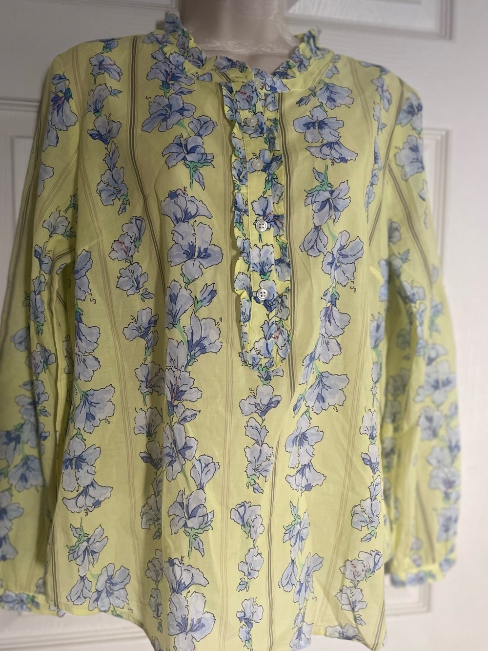 Talbots Yellow Blouse with Blue Floral Print